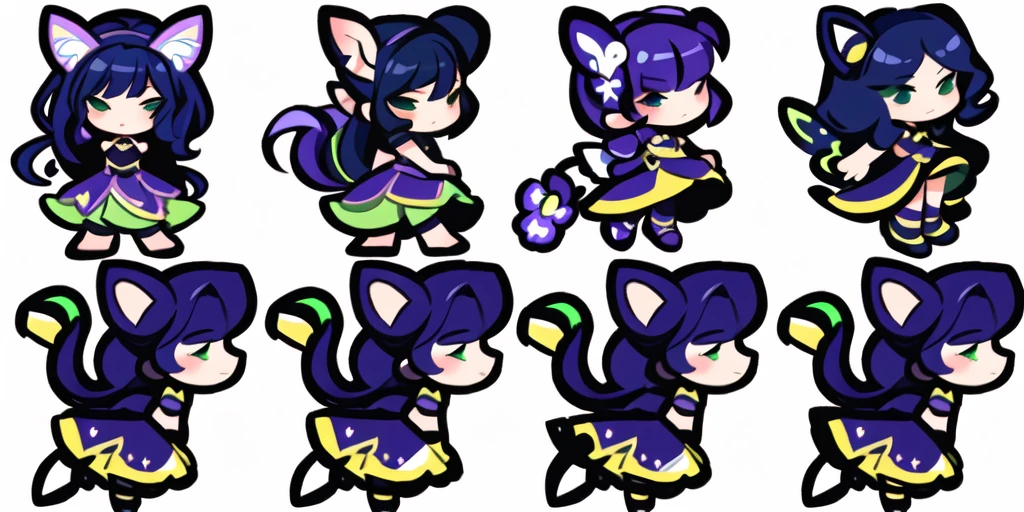 a close up of a cartoon character with different poses, spritesheet, sprite sheet, with familiar sprites, sprites, fairy girl, morgana, default pose neutral expression, twirling, sprite 2 d, shady, green fairy, smol,  multiple poses, cute chibi, kawaii