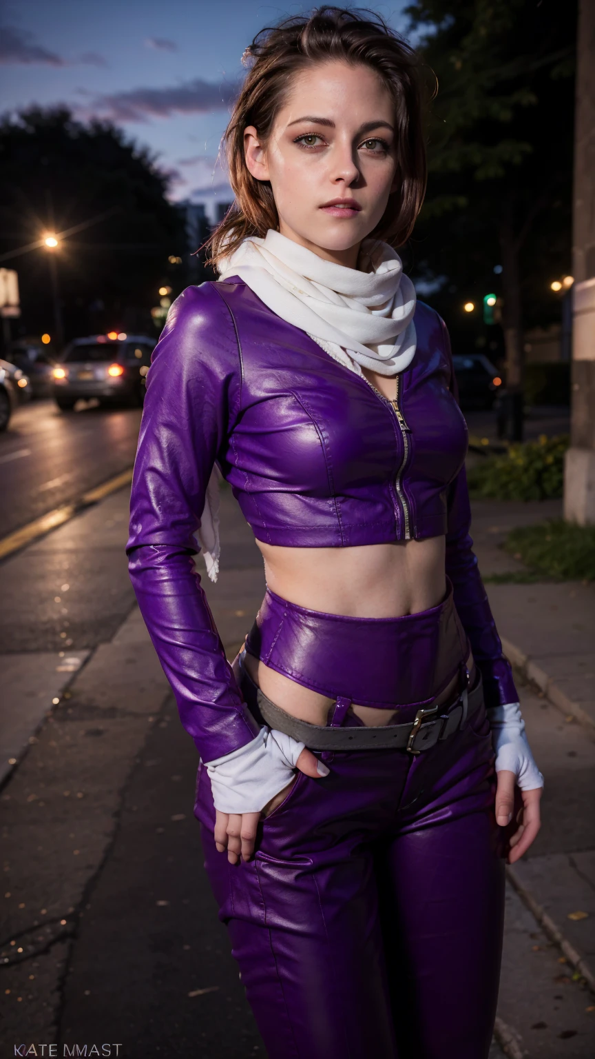 (masterpiece), (photorealistic1.4), (epiCRealLife), (epiCFlashPhoto), (sunset), (on the street),  (flashphoto), (flash photography), (lora_kristenstewart_v1_from_v1_160), (make up), (kate Bishop Purple Outfit), (Kate Bishop White Scarf), (Kate Bishop elbow gloves), 