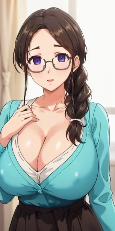 (Night:1.7), Modern apartment, high rise, CityView, Before Window,
Standing at attention,Hands Down,
Green shirt,long sleeves, cleavage, collarbone,
Glasses,brown hair,purple eyes,braid,single braid,yellow hair ornament,
1 girl, 20yo,Young female,Beautiful Finger,Beautiful long legs,Beautiful body,
Beautiful Nose,Beautiful character design, perfect eyes, perfect face,expressive eyes,
looking at viewer, in the center of the image,(Upper_body),(Focus on her face),
official art,extremely detailed CG unity 8k wallpaper, perfect lighting,Colorful, Bright_Front_face_Lighting,shiny skin,
(masterpiece:1.0),(best_quality:1.0), ultra high res,4K,ultra-detailed,
photography, 8K, HDR, highres, absurdres:1.2, Kodak portra 400, film grain, blurry background, bokeh:1.2, lens flare, (vibrant_color:1.2)
(Beautiful,large_Breasts:1.4), (beautiful_face:1.5),(narrow_waist),(nipples),(show tits), grabbing tits ,nipples