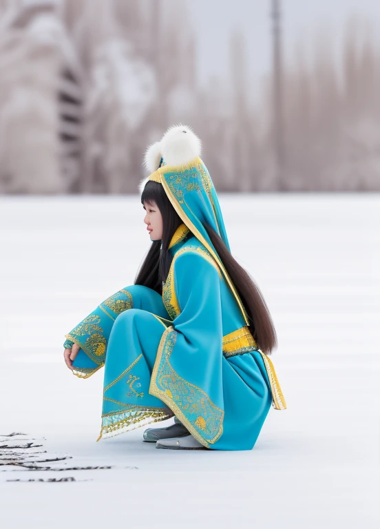 A squatting girl,Wearing Kazakh national costume