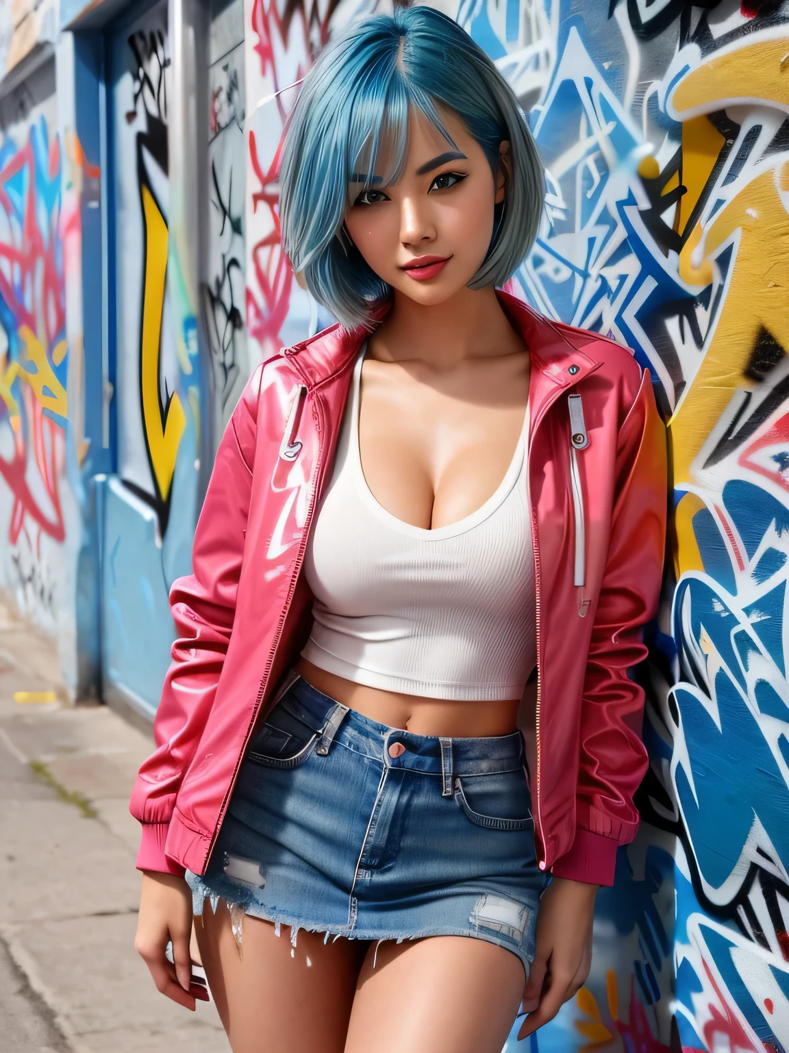 (blue hair:1.4), short hair, realistic green eyes, cobalt hair, long bob hair, tousled hair, shoulder length hair, Full body, woman with white skin and Asian features, 24 year old, big breast. She has a small, elegant nose with a slight upward curve at the tip. Her lips are full and naturally pink, with a well-defined Cupid's bow. Her teeth are straight and white, enhancing her captivating smile. Her face has an oval shape with high cheekbones that add to her model-like appearance. (crack), detailed (texture!, shine, color!!, flaws: 1.1), highly detailed glowing eyes, (looking at camera), specular light, dslr, extreme quality, crystal clear, cute face, detailed skin pores, oil Dark skin, brown, complex eye details, she is far from the camera, A full-body portrait, captured from a distance. Dynamic Frame Best Quality, Realistic, full body Realism, beautiful hairstyle, 8K, (masterpiece, best quality:1.4), (beautiful, aesthetic, perfect, delicate, intricate:1.2), (cute, adorable), (depth of field:1.2), colorful, vivid colors, perfect female form, perfect face, narrow waists, soft smile, (a sexy woman), White tank top, Jeans Miniskirt, Blue Mini Skirt, Sexy Heels, (red plastic jacket:1.2), (hands in pokets), looking at viewer, cleavage, (graffiti wall:1.4), (standing, cowboy shot), (short hair:1.3)