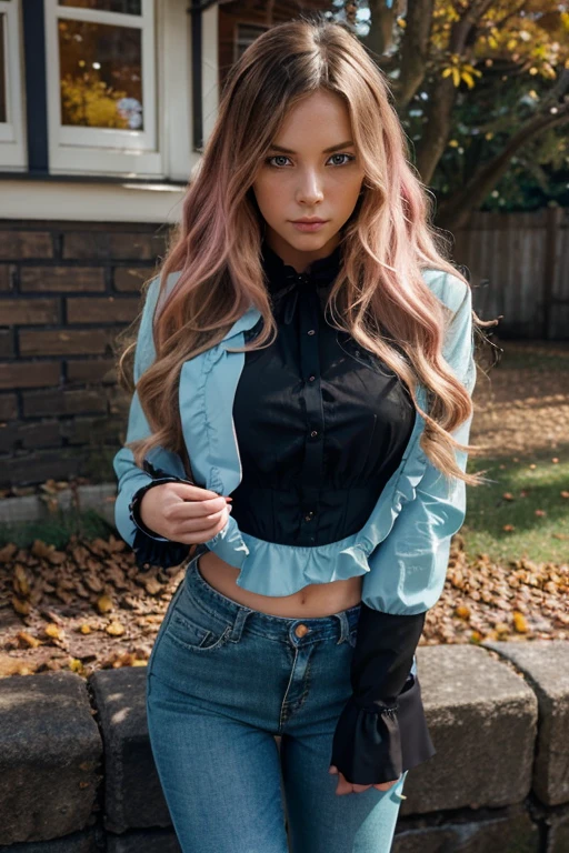 Illustration of a young, female teacher in an anime style. She has long, wavy blonde hair with pink highlights, wearing a light blue, ruffled blouse and a black corset over skinny tight jeans the color of a dark green. She is wearing black riding boots. Her expression is serious and slightly surprised. She has blue eyes and extends her hand forward holding a blue book with golden characters on the cover. The background shows a landscape transitioning from autumn to winter, with trees bearing both colorful autumn leaves and frosty branches, under a chilly, overcast sky.