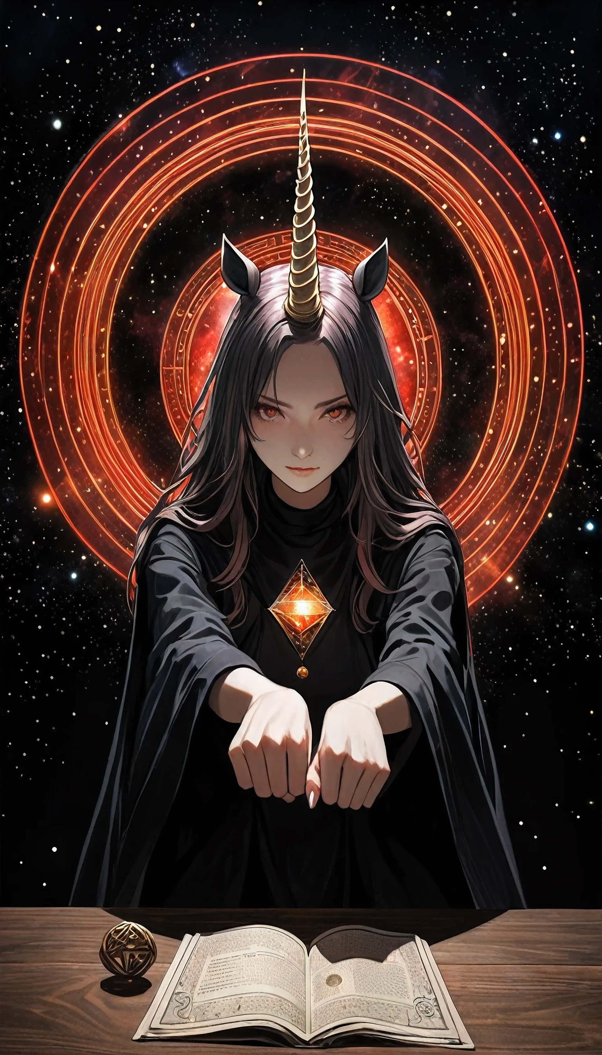 Unicorn Horn,Metal spiral tip,style of santiago caruso,
Halation,1 girl,astrologer,Black robe,From the Nebula,Wooden square table,handkerchief,From the Nebula's Crystal Ball,black background,Point lights,Mysterious atmosphere,Surrealism,Fist flashing red,wide angle,from above,