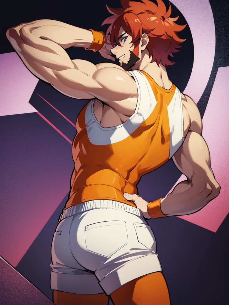 Leon kuwata, anime characters: 1guy, Bara, 1Muscular guy, 1person, 1guy, solo, red hair, white tank top, purple shorts, thighs, yellow beanie, blue eyes,  goatee smile, only,  back, bending over, back view, ass, gray background, best quality