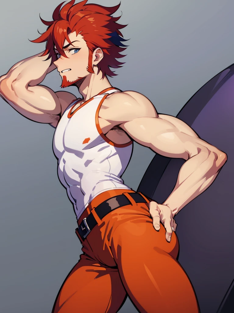 Leon kuwata, anime characters: 1guy, Bara, 1Muscular guy, 1person, 1guy, solo, red hair, white tank top, purple shorts, thighs, yellow beanie, blue eyes, goatee smile, only, back, bending over, back view, ass, gray background, best quality