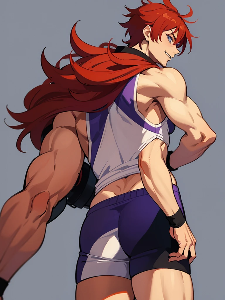 Leon kuwata, anime characters: 1guy, Bara, 1Muscular guy, 1person, 1guy, solo, red hair, white tank top, purple shorts, thighs, yellow beanie, blue eyes,  goatee smile, only,  back, bending over, back view, ass, gray background, best quality