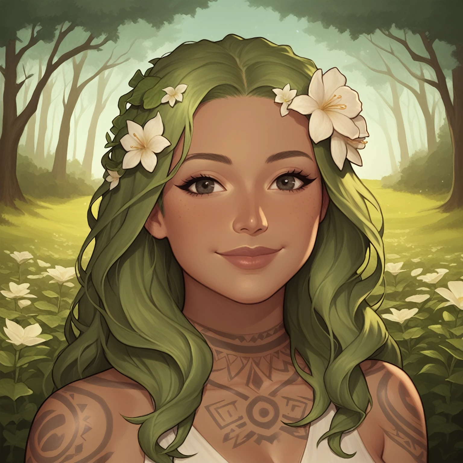 (((beautiful, high quality, perfect eyes, comics style, semi-realistic, detailed face))), upper body, score_9, score_8_up, score_7_up, solo, 1 woman, very tall, 35 years old, MILF, asian, pacific islander, flat nose, dark tan, dark skin, plant woman, round face, perfect round dark eyes, (wood nymph), in clothes made of plants, sexy body, thicc body, sexy face, tattoos in neck and arm, long green hair, flowers on hair, wavy hair, proud, smile, outdoor, fantasy background, snowy, boreal forest, easynegative, JIM EIDOMODE, Dungeons and Dragons 5th edition style illustration,