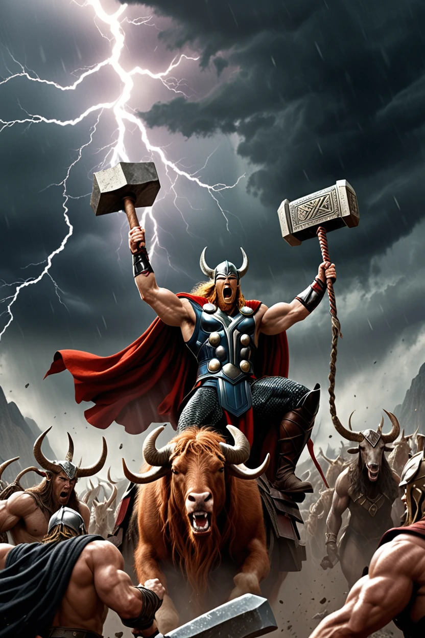 The red-haired giant thunder god Thor stands on a battlefield with giants in a stormy mountainous region. He raises his massive hammer "Mjolnir," letting out a powerful shout as lightning flashes around him. He is riding a chariot drawn by goats, with the eight-legged horse Sleipnir also joining the battle. The giants tremble in fear, and Thor's overwhelming strength is vividly portrayed. The background consists of rugged, exposed mountains and a raging thunderstorm.