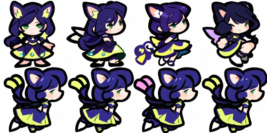 a close up of a cartoon character with different poses, spritesheet, sprite sheet, with familiar sprites, sprites, fairy girl, morgana, default pose neutral expression, twirling, sprite 2 d, shady, green fairy, smol,  multiple poses, cute chibi, kawaii