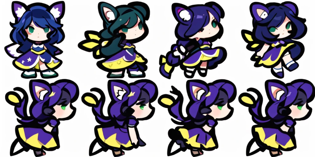 a close up of a cartoon character with different poses, spritesheet, sprite sheet, with familiar sprites, sprites, fairy girl, morgana, default pose neutral expression, twirling, sprite 2 d, shady, green fairy, smol, multiple poses, cute chibi, kawaii