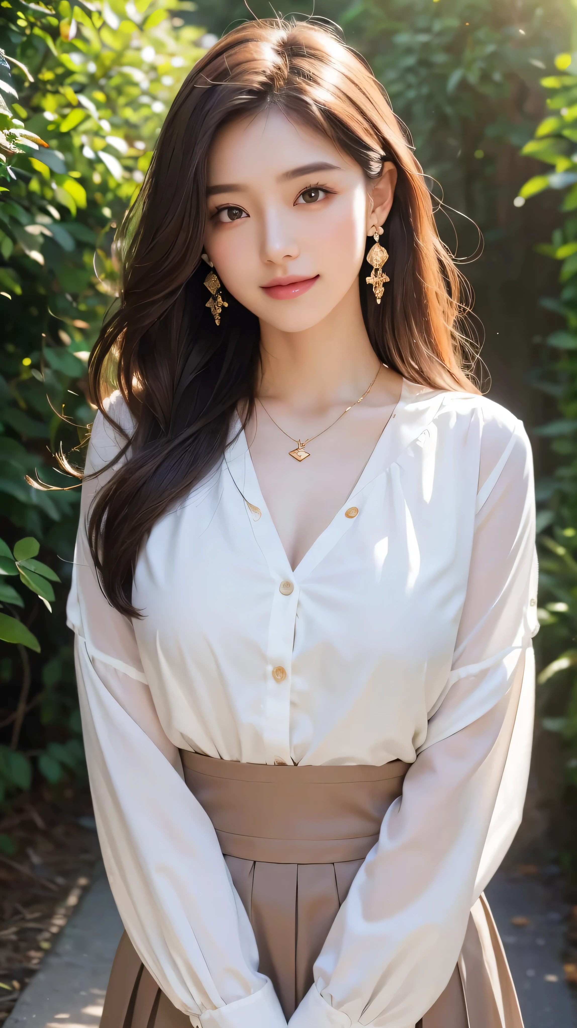 height: 170cm:1.5, 27 years old、Maintain this face and pose image:1.5、(big, length, double eyelid)、Pale face and brown eyes:1.3、Very thin Pale face and brown eyes:1.3, {RAW shooting、, Highest quality}, {{masterpiece}}, {Very delicate and beautiful}, Excellent light and shadow, Highly detailed wallpaper, Sunny and bright sunlight, whole body, whole body、 girl, , blush:1.2、Strong sunlight, Delicate hair,Realistic skin texture, B cup breasts、valley, Fresh, like々Fresh skin, Wrinkles on the skin., Broad shoulders:1.4, ((A strong light shines on your face:1.5)), :1.5, necklace、ring、Earrings、Toothy smile:1,5、smile:1.5, Ray Tracing, Sexy and seductive gestures、white long sleeve button up blouse_brown pleated mini skirt、gold necklace＿Large earrings、Super long brown hair,Hair with loose waves inside、Hair reaching down to the waist