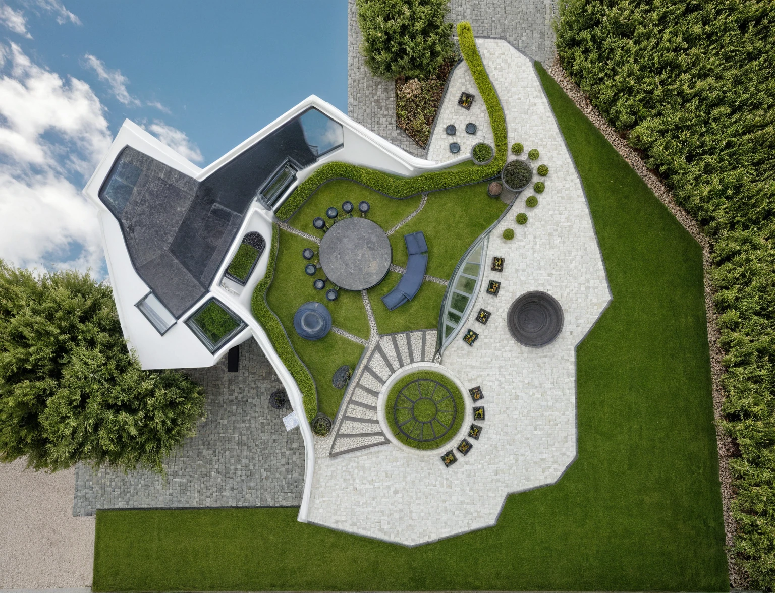 Masterpiece, high quality, best quality, authentic, super detail, outdoors, house style modern,bietthuhn, white wall, glass windows, gate road,pavement, grass, trees,blue sky, cloud, (day:1.1), realistic lighting