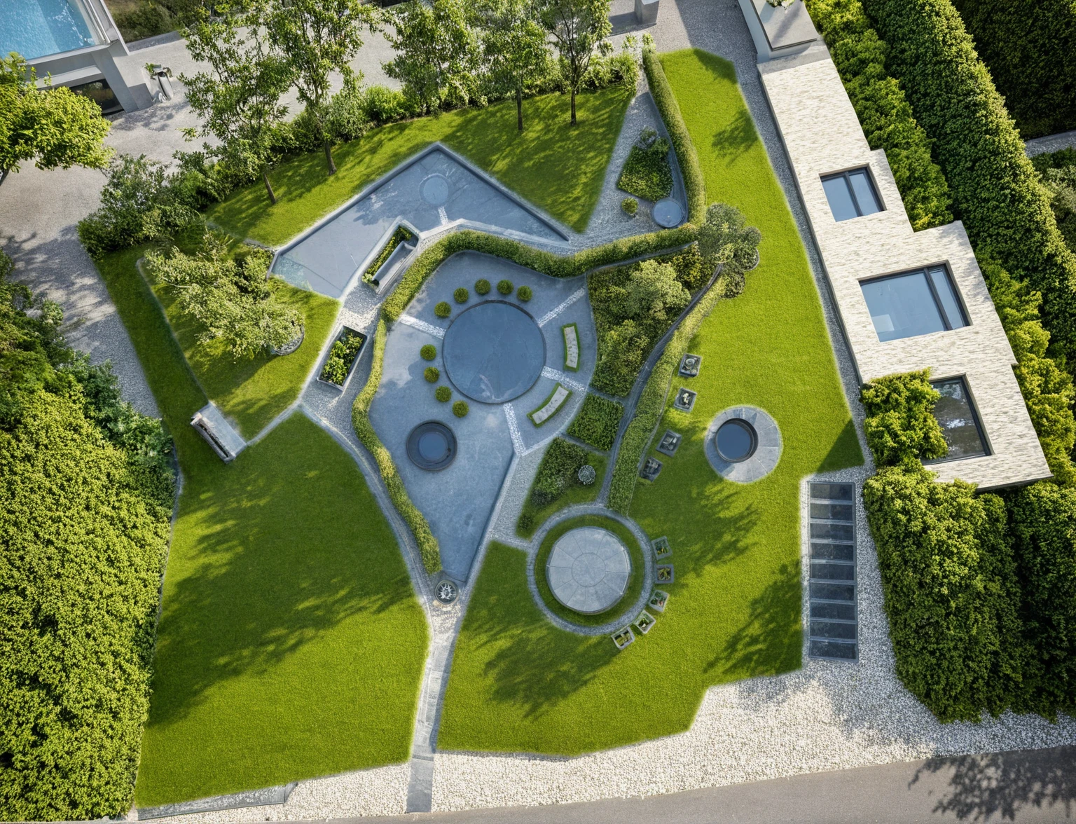Masterpiece, high quality, best quality, authentic, super detail, outdoors, house style modern,bietthuhn, white wall, glass windows, gate road,pavement, grass, trees,blue sky, cloud, (day:1.1), realistic lighting