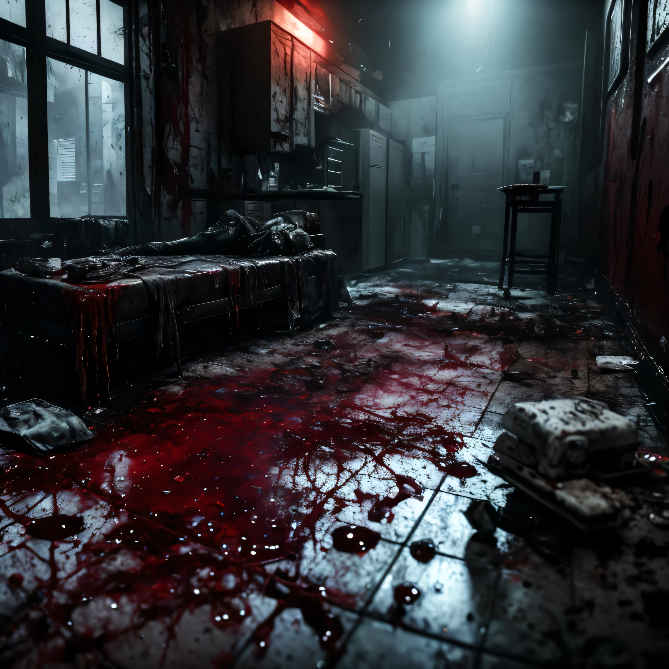 A gruesomely captivating crime scene, devoid of any life but filled with pools of blood splattered across the floor. The focal point of the scene is a crimson-stained knife lying ominously amidst the chaos. This haunting image is depicted in a chillingly realistic photograph, with each detail meticulously captured, from the splattered blood to the sharp gleam of the blade. The high-definition clarity of the image immerses viewers in the unsettling atmosphere of a crime scene frozen in time.