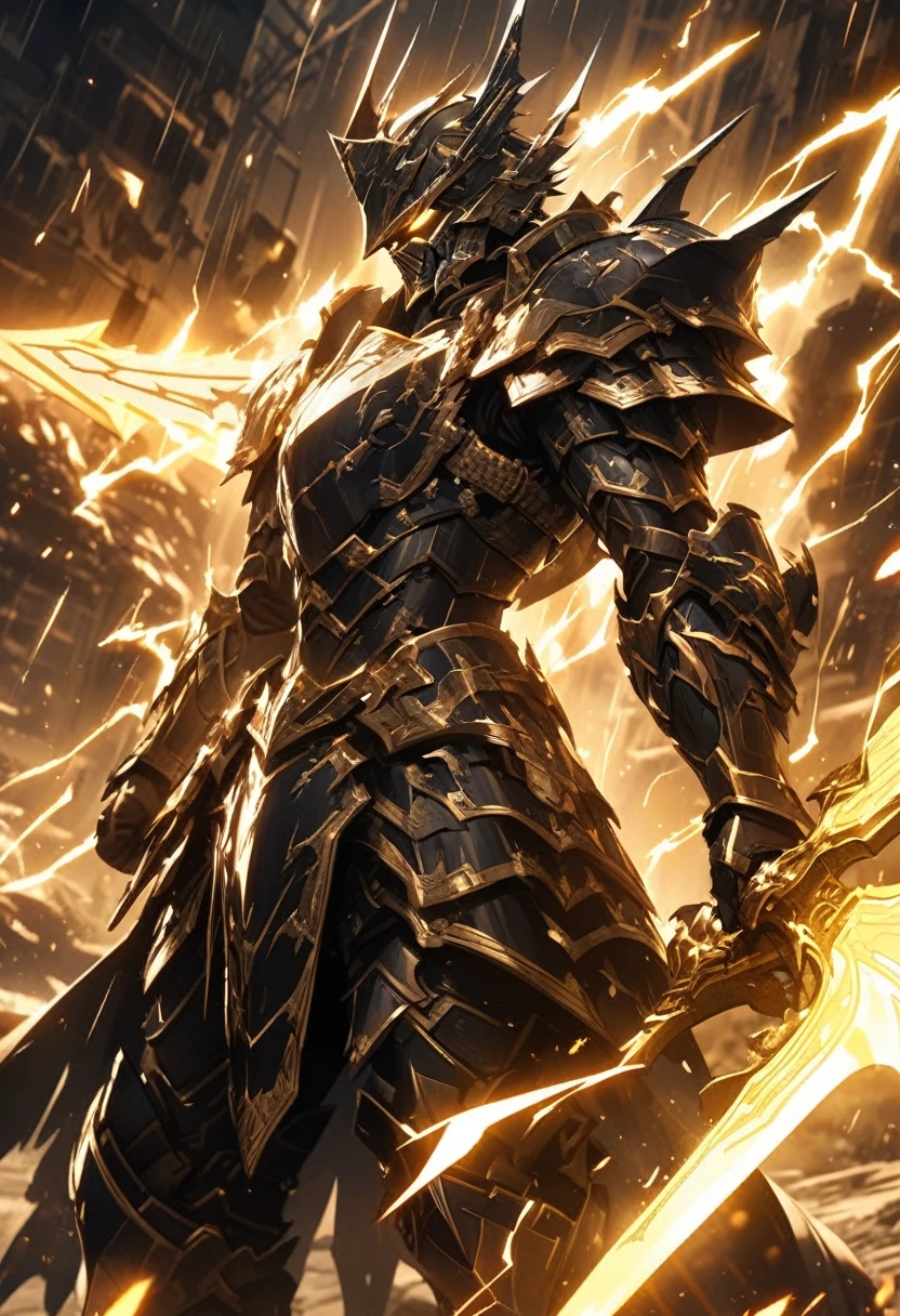 an extremely detailed 4k of a warrior clad in heavy metal armor made of lightning with electricity sparking behind the warrior, wielding 2 yellow lightning steel sword