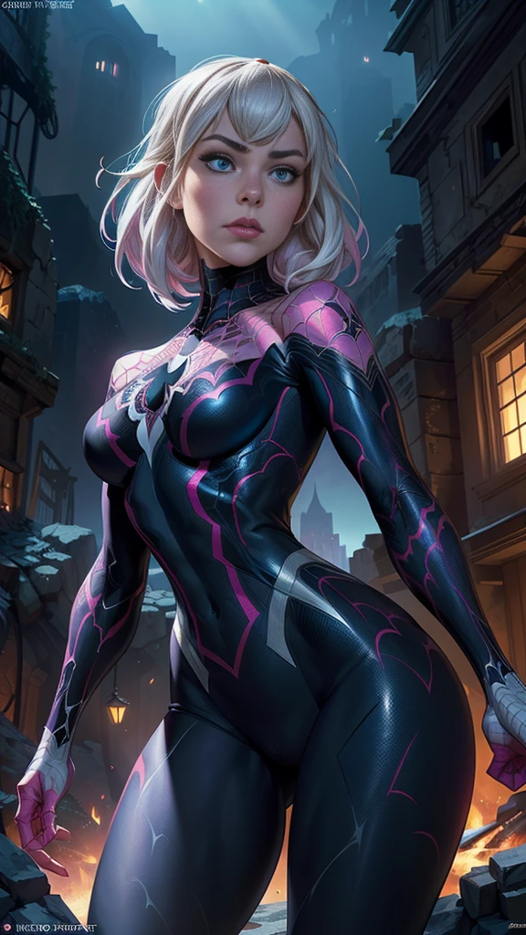 Spider -gwen standing in a city at night, araña-gwen, araña - gwen, (spider gwen:1.4) , (Gwen Stacy:1.4) ,,(Ruined dungeon ruins background:1.4 ), in the Artgerm Style, Artgerm Style, Artgerm Style, graphic artist artgerm, Betty Cooper, comic artgerm, in artgerm style, as seen on artgerm, Epic Fantasy Art Style HD, 4K fantasy art, epic fantasy digital art style, epic fantasy art style, Fantasy Woman, epic fantasy art portrait, Epic fantasy style, hyperrealistic fantasy art, hd fantasy art, Epic fantasy character art, epic fantasy art, in style of dark fantasy art, epic fantasy digital art, (perfect anatomy :1.4),( cinematic lighting :1.4), (uniform lasts white), More detailed 8K.unreal engine:1.4,UHD,La Best Quality:1.4, photorealistic:1.4, skin texture:1.4, Masterpiece:1.8,first work, Best Quality,object object], (detailed face features:1.3),(The correct proportions),(Beautiful blue eyes),  (cowboy pose)