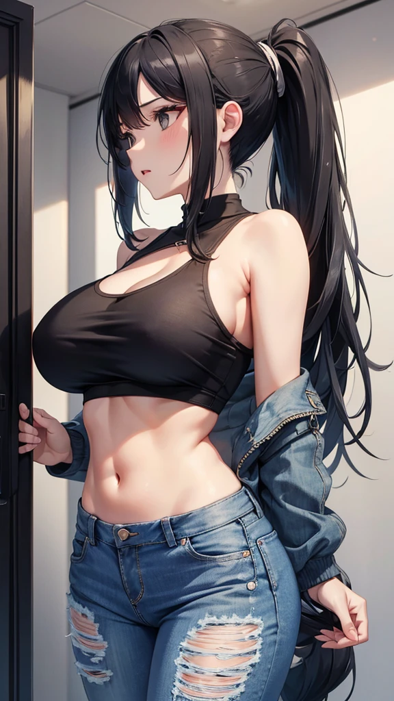 One woman,whole body,Big Breasts,Woman with long black hair and ponytail,Bare top,Denim pants