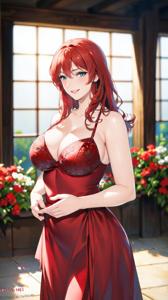 4K, detail,Red hair,Large Breasts, beautiful, beautiful face.(8K, Raw.photo, best quality, masterpiece:1.2), (realistically, photograph realistic: 1.4), Ultra-high resolution.photorealistic:.1.4,Ultra high quality，lipstick，Smile，Face red