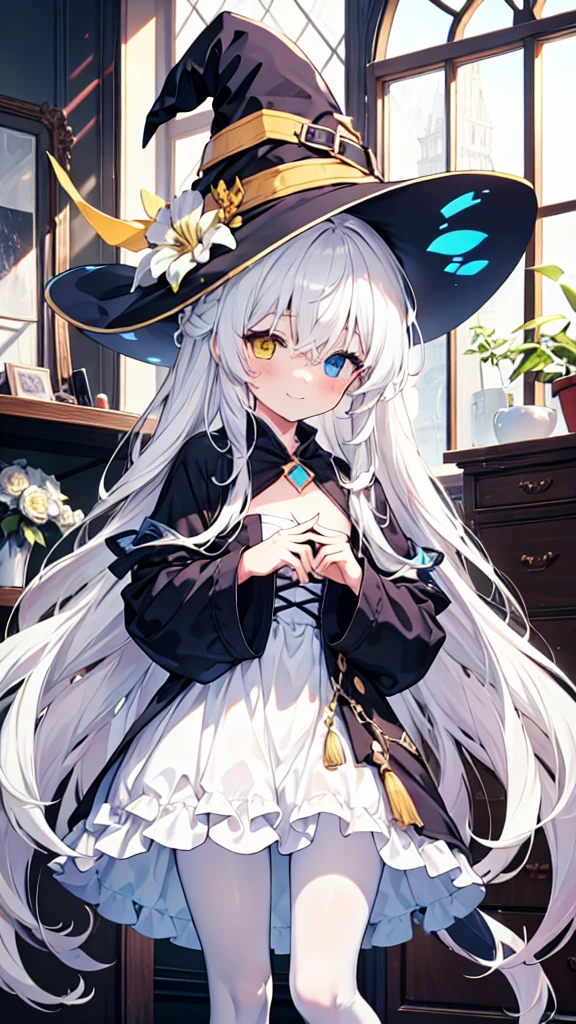 White hair,Long hair,Heterochromia(Left blue right yellow),Smile,Female face,There are bright spots in the eyes,Female hands,White little hands,Normal fingers,flat chest,Witch costume,White pantyhose,In the room