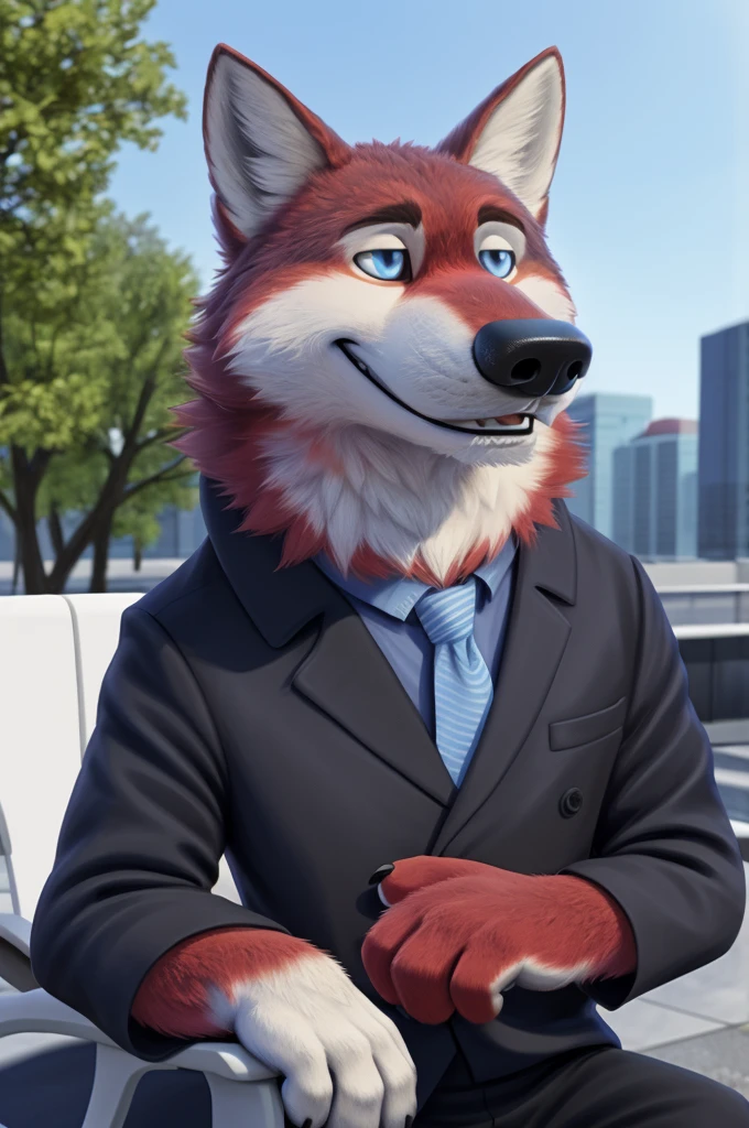 Ivan Wolfbach (сотрудник Аэропорта Domodedovo),high,Beautiful,slim,24 years,wolf, red fur,high Beautiful wolf, 24 years,(red body:1,3),beautiful blue eyes,Domodedovo, Russia, Аэропорт Domodedovo,gray shirt, tie, black trousers,Dog, wolf, detailed fur, a male, antro, paw pads, finger claws, per viewer, 5 fingers, paws, 5 fingers, day, digital photography, soft focus, Good mood на приеме,sitting in the dentist's office, Photorealism, realistic , Photorealism, digital style, from close walks around the city, Very close to the camera, digital photography, positive smile, Good, mood, green tie, dental treatment in hospital, they don't see well, pilot patch, 4 yellow stripes on sleeves,
masterpiece, Best quality, ultra realistic, 8 k)