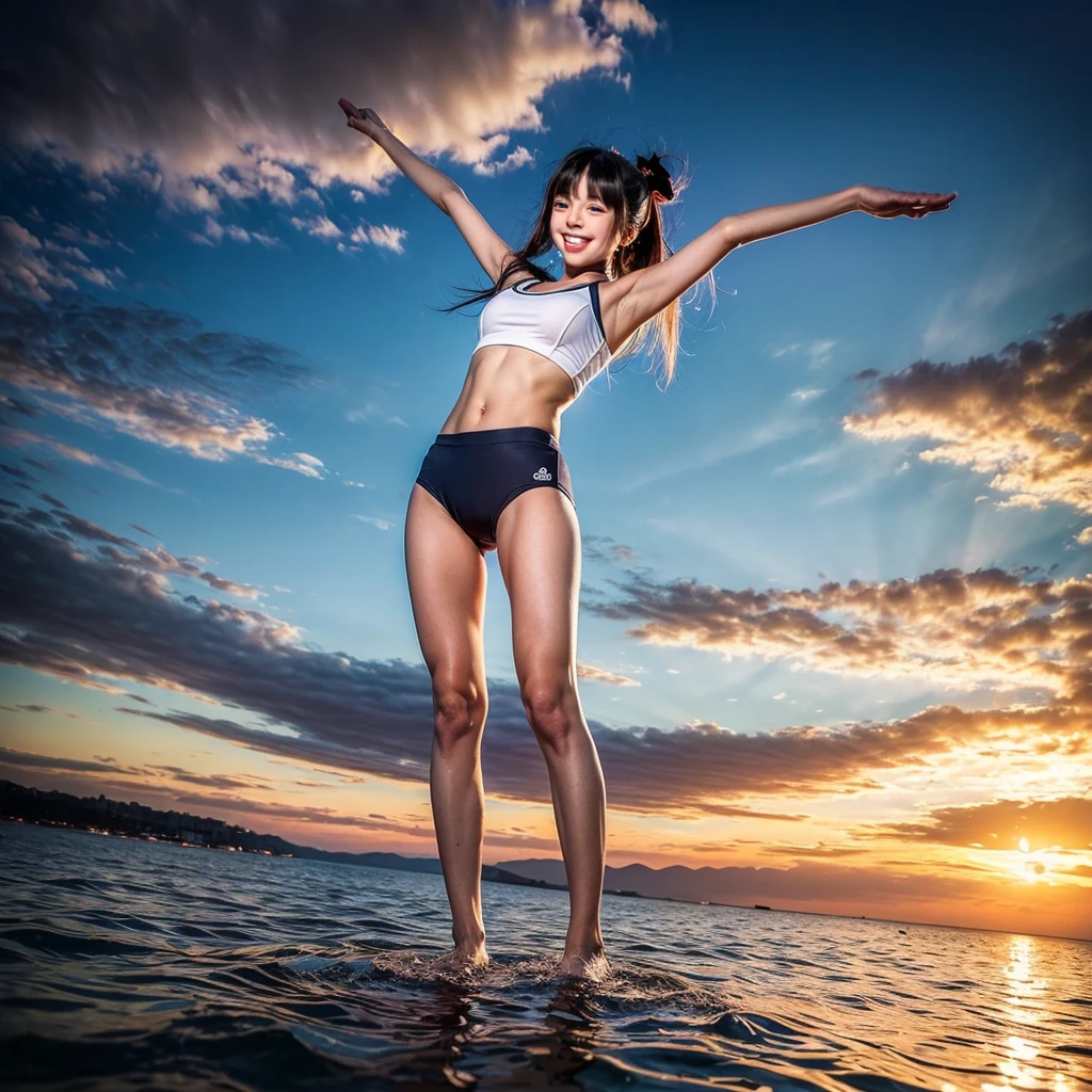 ((ExtremelyDetailed ( KAWAII Girl Floating:1.37) in WHITE at Dusk Enoshima Beach)), (masterpiece 8K TopQuality) (ProfessionalPhoto:1.37), {(Standing Full Body:1.2)|(from below:1.2)}, Different types of hair colors, {(White skinny(School Swimwear))|(SchoolUniform with MicroSkinny AthleticShorts)}, {Detailed Childish hand|Hidden hand|Armpit|Different types of breasts of various sizes from HUGE to FLAT|(Clearly Visible the shape of Butt)}, Joyful Expressions LifeLike Rendering, PerfectLighting, Dazzling Horizon {Colorful Clouds | Starry IridescentParticles} VolumetricLighting (Acutance:0.8)