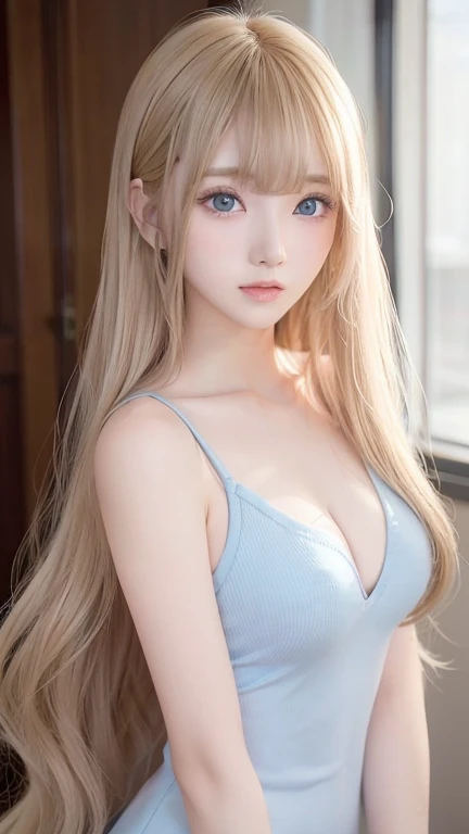 Golden shiny hair、Super long straight silky hair、Dazzling blonde super long silky hair、 cute little beautiful face、A beautiful girl、Sparkling blonde dancing in front of a pretty face、Long, silky bangs that cover the space between the eyes、Very beautiful, bright, large, light blue eyes、Very big eyes、Hair that hides the face、Sexy pretty young woman with super long bangs、Very white skin、Cheek gloss highlighter、Small Face Beauty、Round face、Cute Shirts、Ample Bust