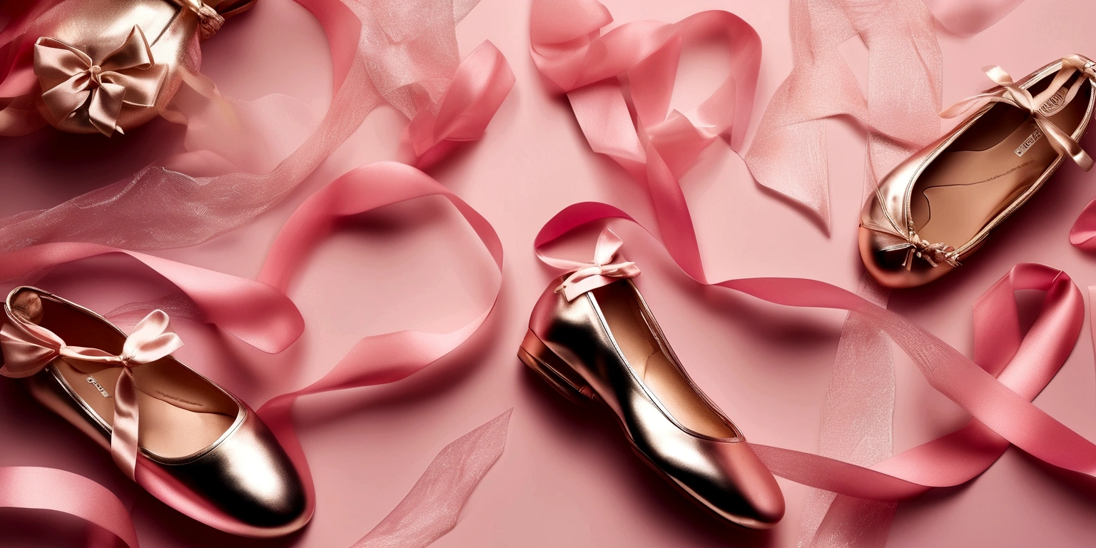 Banner graph;poster;In the center of the picture there is a pair of tiny ballet shoes,Wrapped in a pink ribbon;Ribbons fill the screen;dream,mystery;Big scene;Golden pink hue。Low saturation;Background pure,Simplicity。