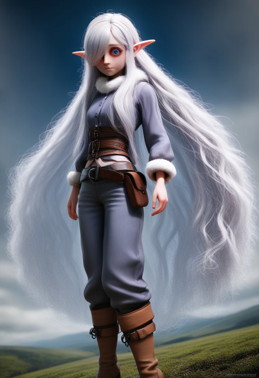 a small girl with pale skin, very long wavy silver hair covering one eye, bright blue anime-style eyes with long lashes, wearing a corset, white puffy long sleeved shirt, and puffy cloth pants, leather bound boots, set in a windy fantasy landscape, (best quality, 4k, 8k, highres, masterpiece :1.2),ultra-detailed,dungeons and dragons, long elf ears, detailed skin and cloth textures, cute detailed face,intricate details,extremely detailed,1girl,dynamic pose with hair covering one eye, shy personality, puffy cloth pants with leather belt, detailed privateer outfit, detailed buccaneer outfit, pouch on belt, wearing ornate leather armor with fur trim, silver inlay detail, wearing fur trimmed boots, wearing fur trimmed gloves, short, short height, halfing girl, small girl, very long detailed flowing hair, big head, big round eyes, windy, wind blown hair,bwirey muscles, fighter, dynamic angle, kineticist, pathfinder, pathfinder kineticist, wind kineticist