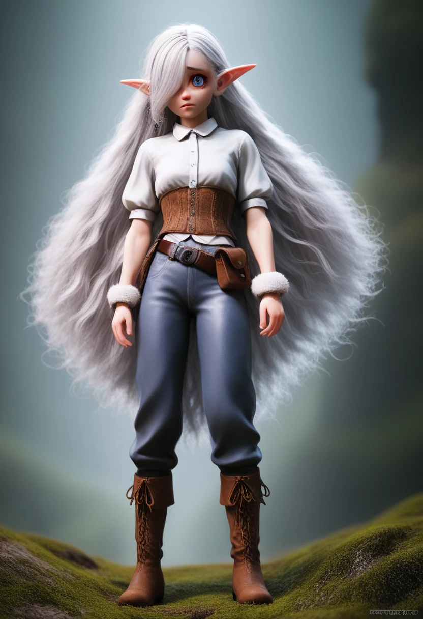 a small girl with pale skin, very long wavy silver hair covering one eye, bright blue anime-style eyes with long lashes, wearing a corset, white puffy long sleeved shirt, and puffy cloth pants, leather bound boots, set in a windy fantasy landscape, (best quality, 4k, 8k, highres, masterpiece :1.2),ultra-detailed,dungeons and dragons, long elf ears, detailed skin and cloth textures, cute detailed face,intricate details,extremely detailed,1girl,dynamic pose with hair covering one eye, shy personality, puffy cloth pants with leather belt, detailed privateer outfit, detailed buccaneer outfit, pouch on belt, wearing ornate leather armor with fur trim, silver inlay detail, wearing fur trimmed boots, wearing fur trimmed gloves, short, short height, halfing girl, small girl, very long detailed flowing hair, big head, big round eyes, windy, wind blown hair,bwirey muscles, fighter, dynamic angle, kineticist, pathfinder, pathfinder kineticist, wind kineticist