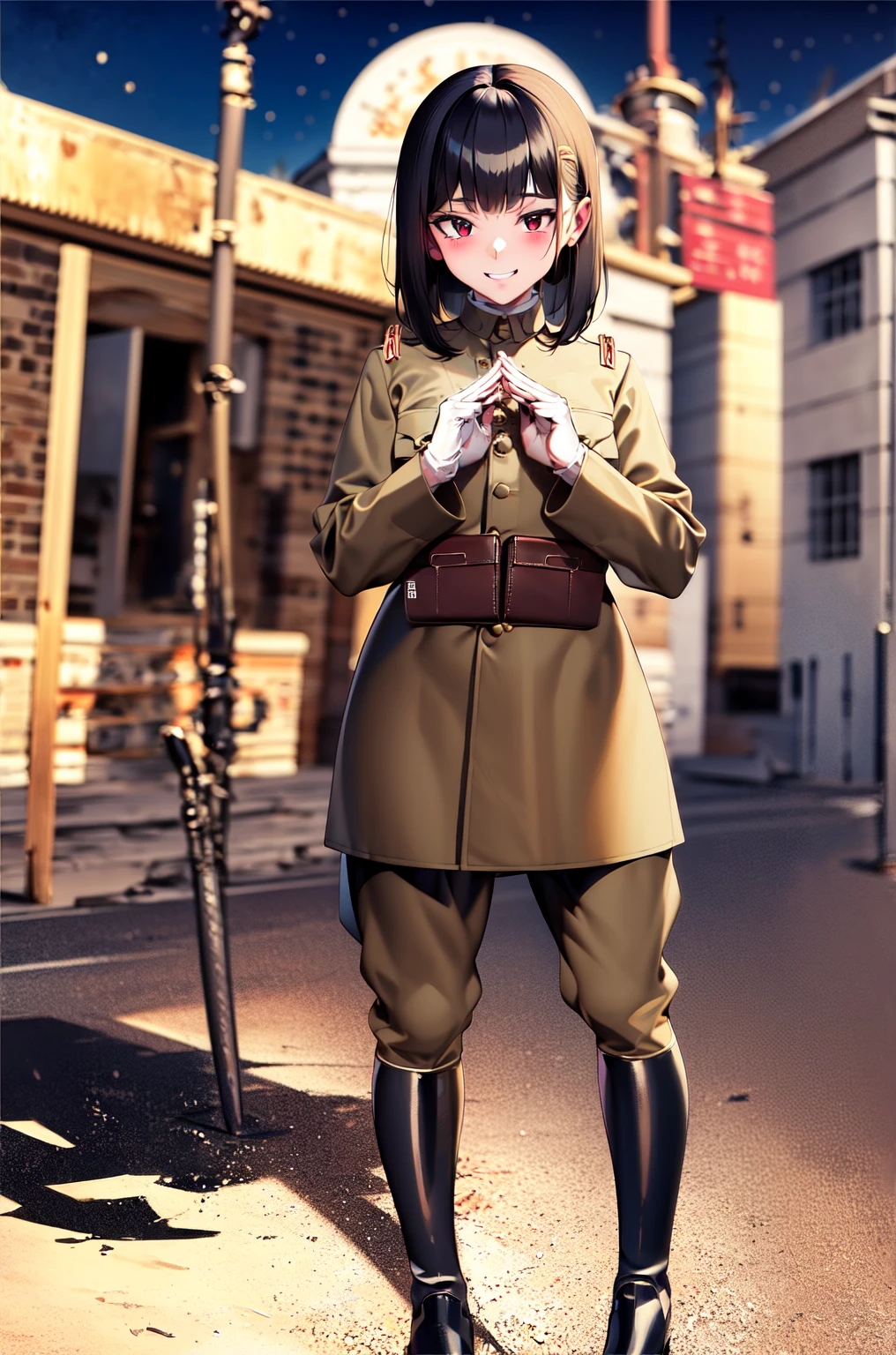 masterpiece, Highest quality, Absurd, High resolution, Very detailed, One Girl, alone, Cowboy Shot, ((IJA Taisho, Khaki uniform, Combatant,Golden Sling,General Positions, 左chestにメダル,)),Black long boots,medium chest,  chest,  Tight waist,  Black Hair,  Blunt bangs, Red eyes, Conceit,Wicked Smile,  White gloves, holster, Leather Belt Pouch, Abandoned city, Dilapidated Street, combustion, Night Sky, battlefield, crater,chestをはだけさせる、Fascinating face、Expand the vagina with both hands,pussy,Pussy,(fellatio gesture),camel toe