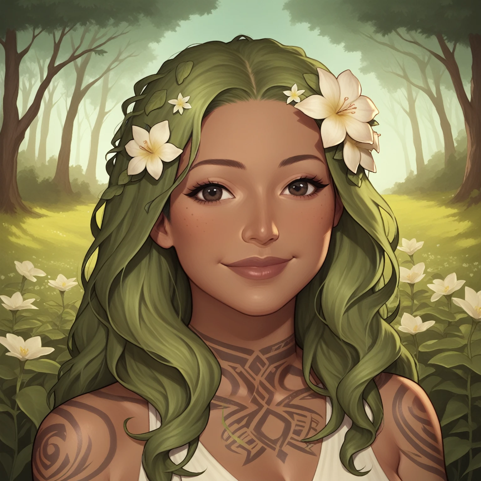 (((beautiful, high quality, perfect eyes, comics style, semi-realistic, detailed face))), upper body, score_9, score_8_up, score_7_up, solo, 1 woman, very tall, 35 years old, MILF, ((asian, pacific islander, flat nose, dark tan, dark skin)), plant woman, round face, perfect round dark eyes, (wood nymph), in clothes made of plants, sexy body, thicc body, sexy face, tattoos in neck and arm, long green hair, flowers on hair, wavy hair, proud, smile, outdoor, fantasy background, snowy, boreal forest, easynegative, JIM EIDOMODE, Dungeons and Dragons 5th edition style illustration,