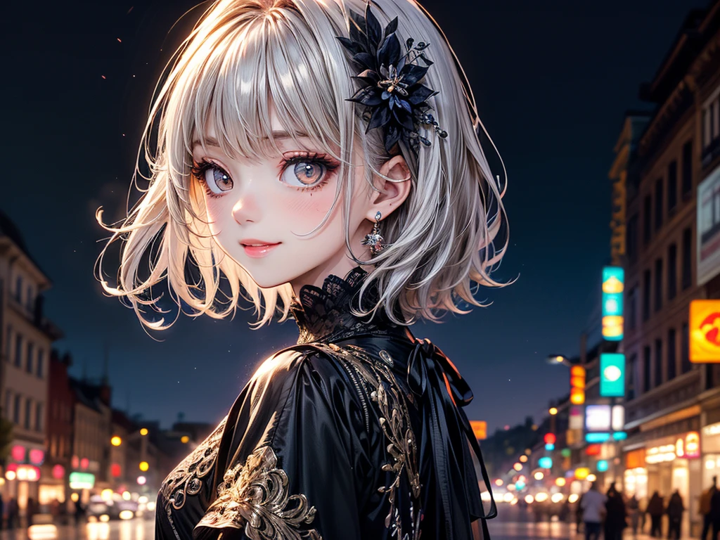 (masterpiece),(Highest quality:1.2),(Perfect Anatomy),(1 Girl),Beautiful and delicate,Silver Hair,((Latest Trends in Clothing)),Street fashion,Colorful oversized clothing,Cute Costumes,(Highly detailed elegant), Detailed skin,Add a dramatic and symbolic element to your scene, Silky to the touch,It has a mysterious and enchanting atmosphere.,Through delicate lines and vibrant colors,Her beauty is more vivid,Captivating smile,Night cityscape,short hair,Beautiful Eyes,childish face