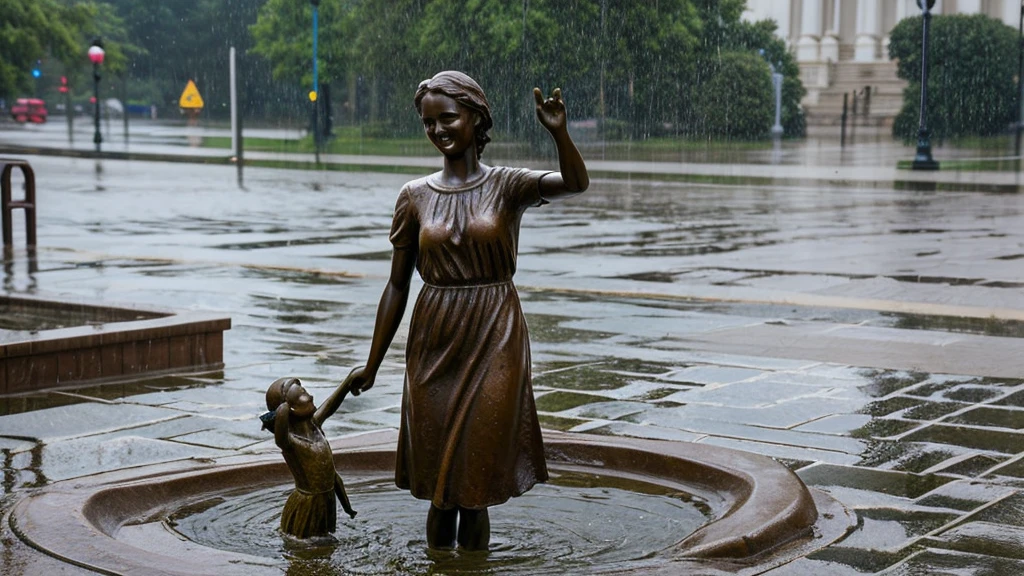 Create a life size bronze statue of a young girl in a dress with her arms raised, rejoicing in a rain storm. Over the top of the sculpture, a fixture is gently raining on the sculpture. A splash effect is added to the base of the sculpture. Add a small, shallow rectangular bronze base to collect the water from the fixture.