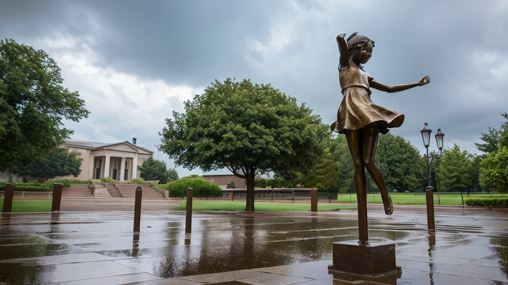 Create a life size bronze statue of a young girl in a dress with her arms raised, rejoicing in a rain storm. Over the top of the sculpture, a fixture is gently raining on the sculpture. A splash effect is added to the base of the sculpture. Add a small, shallow rectangular bronze base to collect the water from the fixture.
