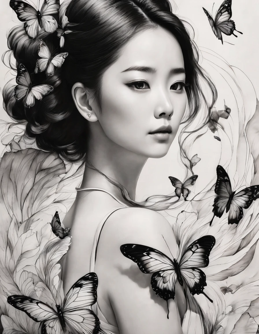 Chinese traditional ink Body Art style, (Draws the graceful figure of a woman with simple lines),return, Undulating lines, Thick and thin lines, (Body Art), Line art, Black and white painting,Drawing Characters,Line art,Lyrical abstraction, Fountain Pen Art,gel pen,Pencil Art,Fair skin,Side Tail、Butterfly Hair Ornament、school uniform、beautiful girl、Real、cute、