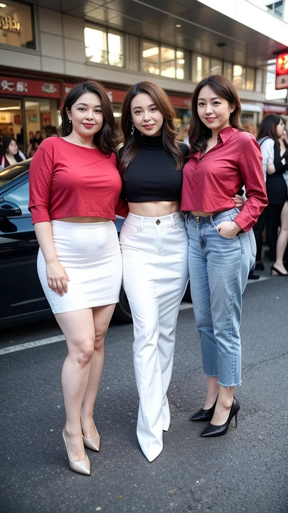 Four quadruplet sisters，Smiling fat woman  ((best quality)), ((masterpiece)), (detailed), Perfect face, Wearing a green loose sweatshirt and short skirt, The other was wearing a red loose plaid shirt and jeans, Thin waist and thick hips,  Soft curves, hyperPractical full figure, Wearing a cute top, Long legs,,thickness, Beautiful plump woman, Four female targets with beautiful curves，Clear curve details, Curvy hourglass figure, Charming plus size models, bbw酱, full image, Surface Model, Curvy body, （full-body shot）blush, 1girll fat , Golden Ratio,(White and tender skin:),High quality background, HD, Practical, HDR. pedestrian mall，Skin as white as paper，High heel，Supercar，Auto Show