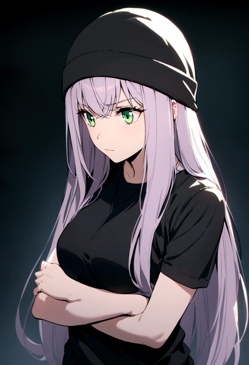 a woman with green eyes, lilac and long hair, wearing a black beanie, black t-shirt, and crossing her arms