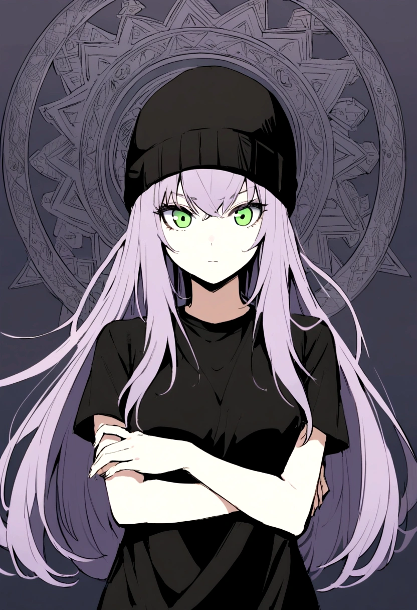 a woman with green eyes, lilac and  long hair, wearing a black beanie, black t-shirt, and crossing her arms 