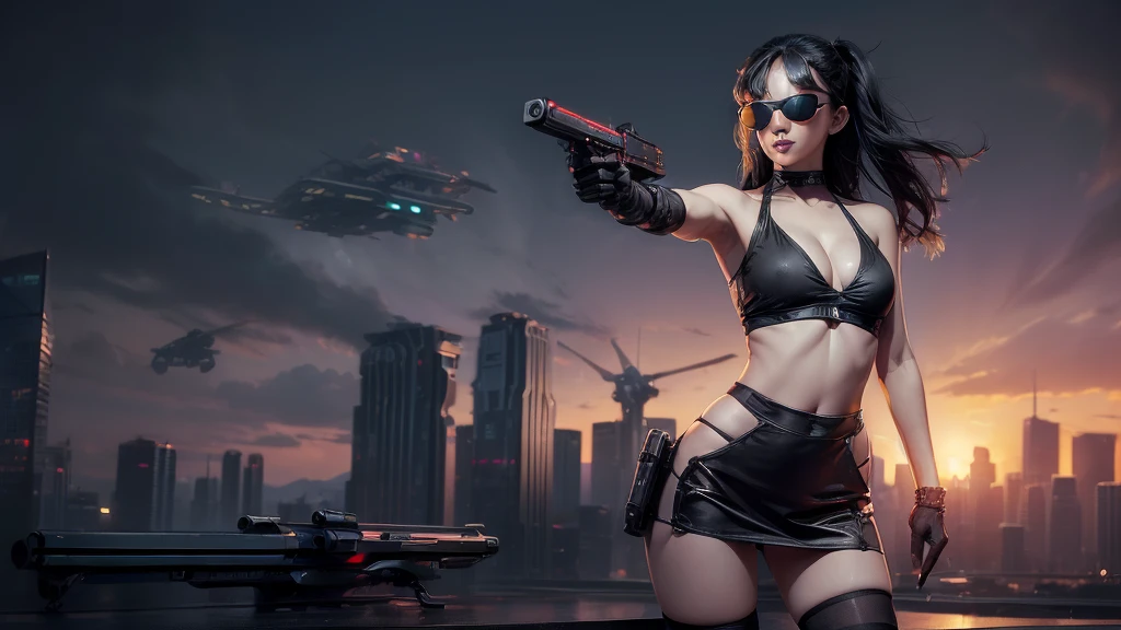 (((aerial view))) of futuristic city, hologram neon buildings, (((futuristic flying cars))) and futuristic cars, Surreal cyberpunk city, in a Future cyberpunk city, 3d rendering Beeple, at night. large-breast photorealistic sexy woman, breast cleavage, tank top, miniskirt, (((((black sunglasses, pistol shooting pose))))), standing, leaning forward, (((((half-body thigh level medium shot))))).