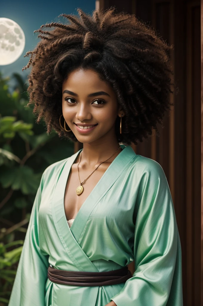 Girl with short curly hair, brown skin and dark eyes, with a gentle smile and a mint kimono,a gray sword and a moon necklace