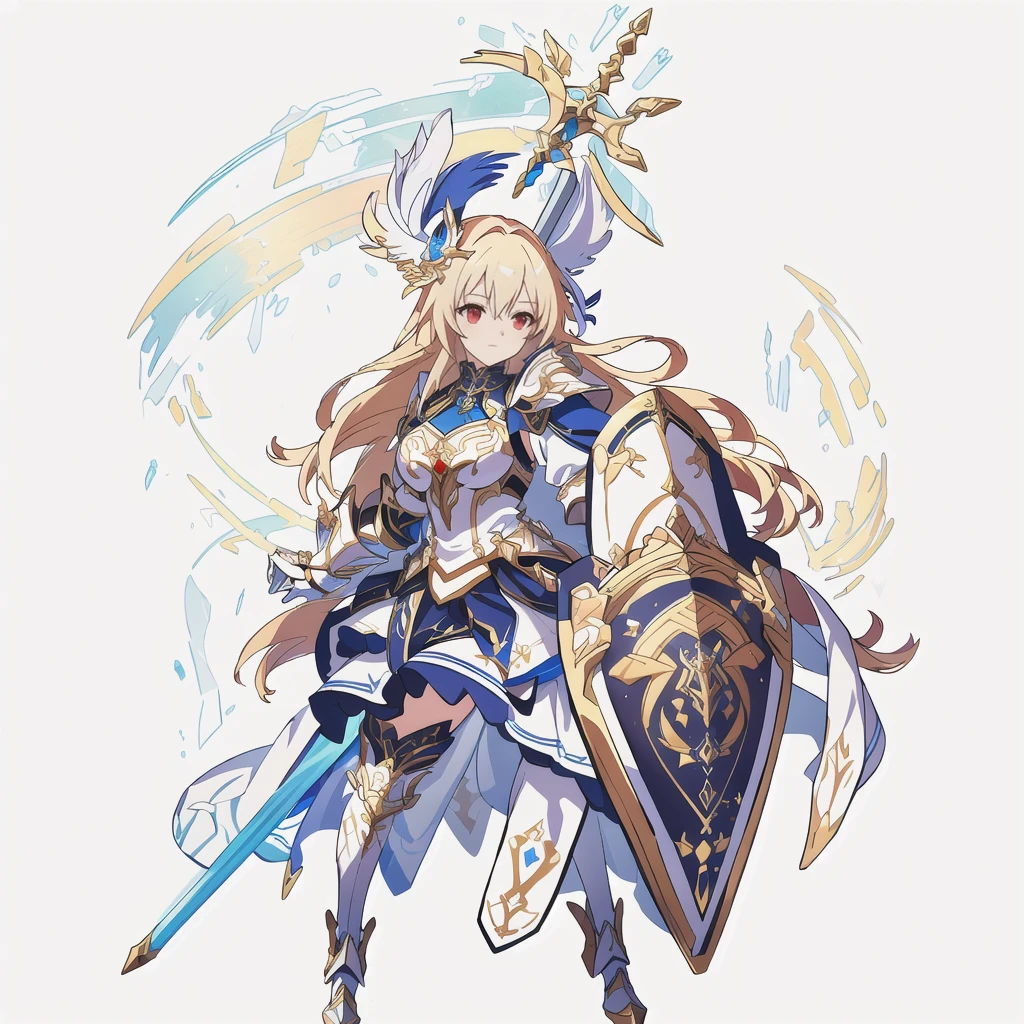 Highest quality, high resolution, High quality game art style, Official Art, whole body, Smooth game CG art, Cute 3D anime girl render, Visual Novel Sprites, White background,Smooth game CG art, humanoid woman, JRPG Characters, A woman in a white dress and blue armor holding a spear, Anime Goddess,Opal Armor, White feathered helmet,An intricately designed shield, Exquisite white and gold armor,Golden Hair Anime Girl, Red eyes, long hair, Rin々Shii,Large Bust,17 years old,Valkyrie,