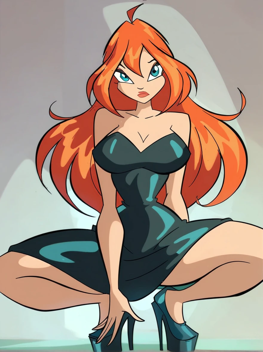 bl_oom, 1girl, ginger hair, blue eyes, looking at viewer, squatting, front view, spreading legs, Big breasts, black tight long strapless dress, black platform heels, long legs, simple background, score_9, score_8_up, score_7_up,