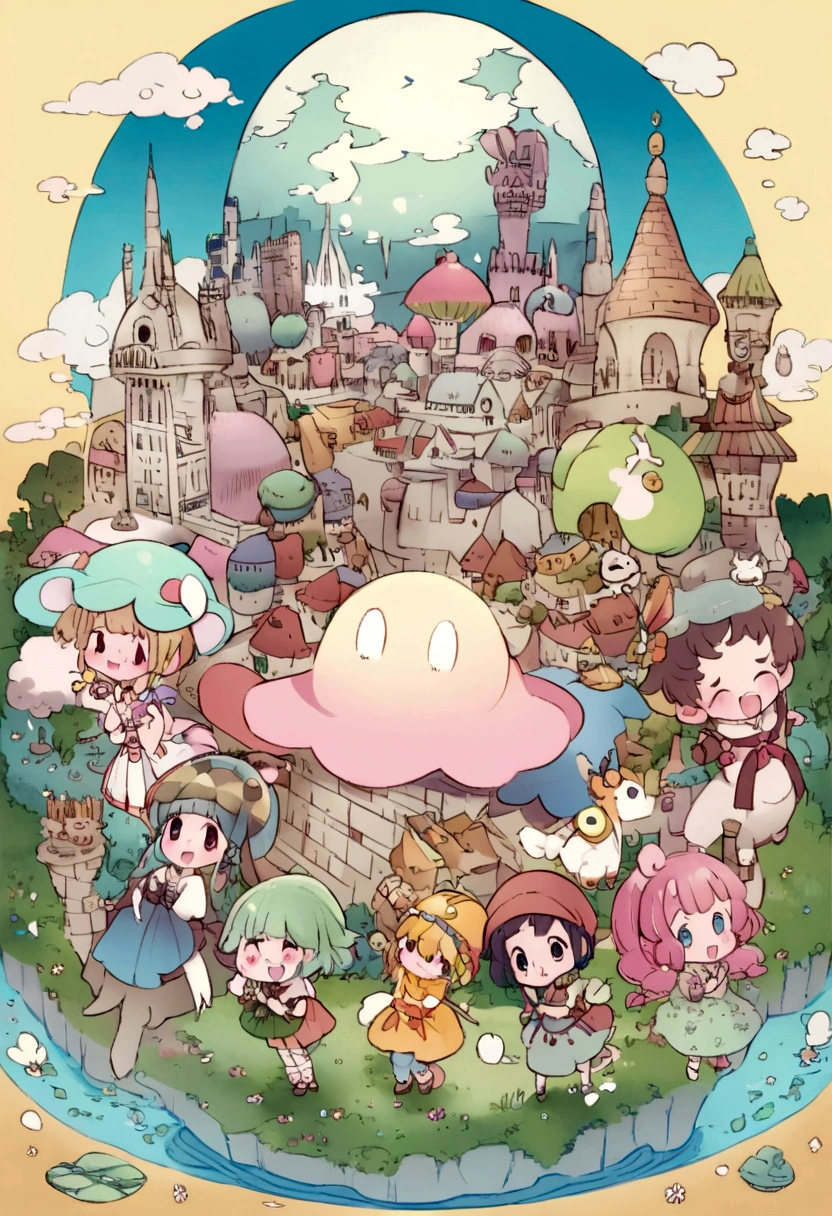 Princess Mononoke: The Beginning of the Adventure: 「Magical glowing map、Colorful world landmarks、children's book style、pastel colour、Cute boys and girls with cute characters」
