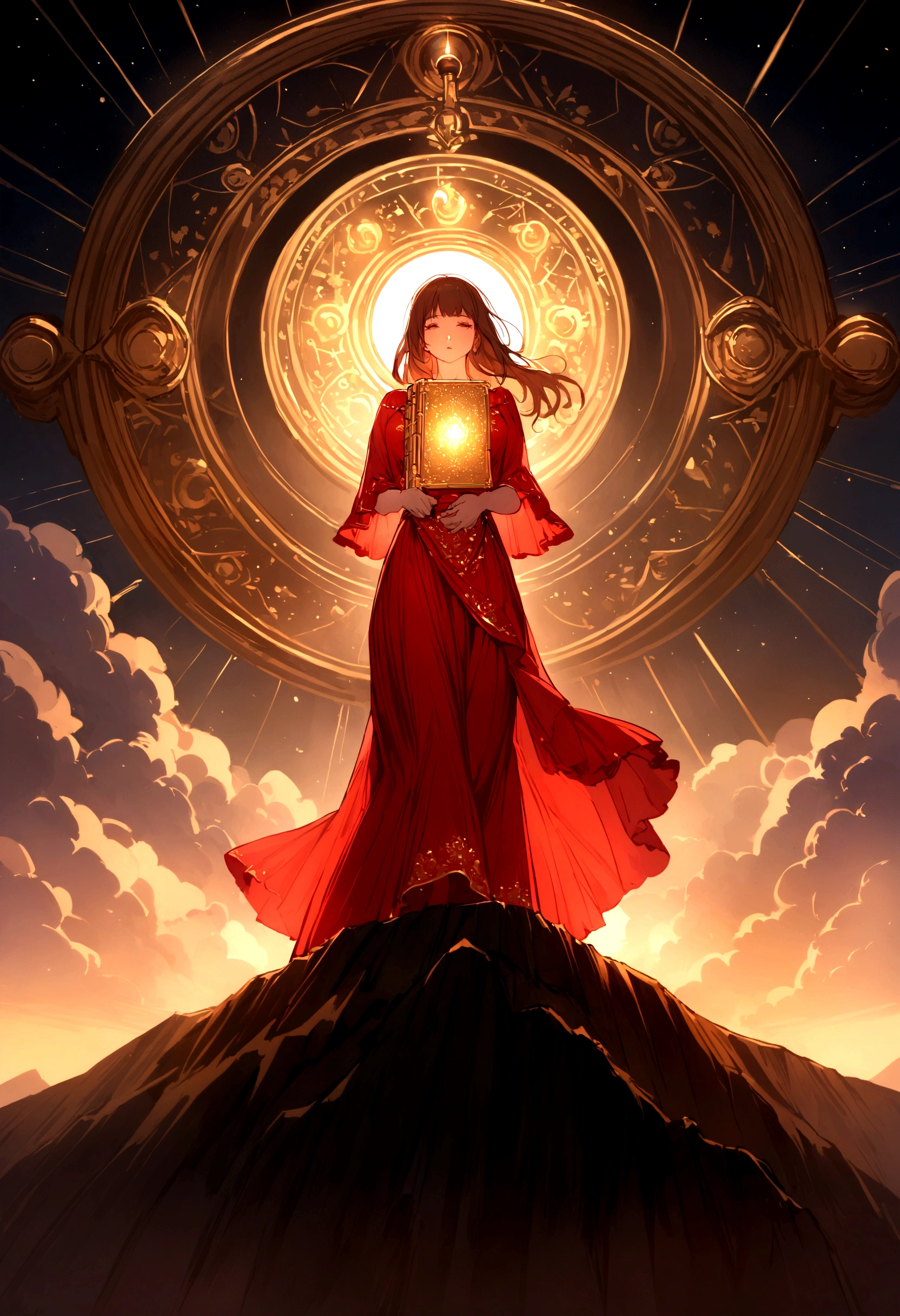 A woman in a love themed red dress with loads of intricate gold love embroidery, carrying a tome, on a hill top, two astrological sign light up brightly in the skies with the connective lines, night
