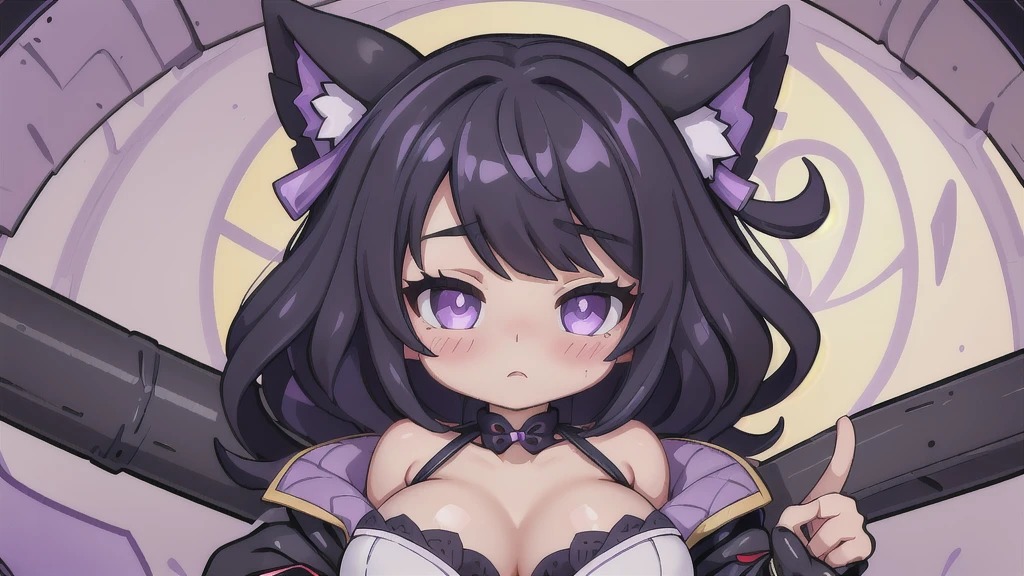 (best qualityer:1.3), (4K quality), Shinobu Kocho by Demon Slayer, (((purple and black hair))), ((face detailed)), ((curvy body)), (big ), cleaveage, sensuous, ((bidy latex neckline suit)), ((blush)), ((Covered area)),