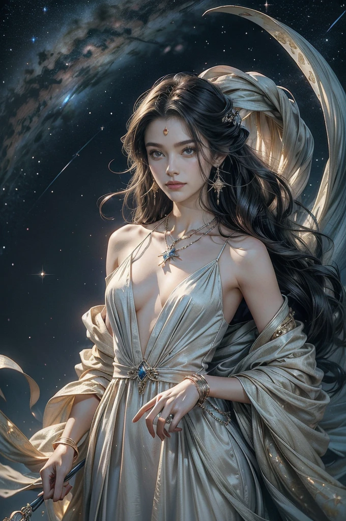 (((best quality))),(((ultra detailed))),(((masterpiece))),illustration,((A beautiful female astrologer,solo)),((slim,thin)),((small breasts,flat chest)),((shoulder length straight hair)),(earrings,necklace),(sparkled shirt dress:1.3),standing beneath a magical summer night, stars twinkling in the velvety darkness,starry sky, sapphire eyes filled with wonder, flowing ethereal gown mimicking the stars, silver pendant shaped like a horoscope,serene smile and captivating gaze, celestial beauty and mystery, solace and inspiration in the vast expanse of the universe