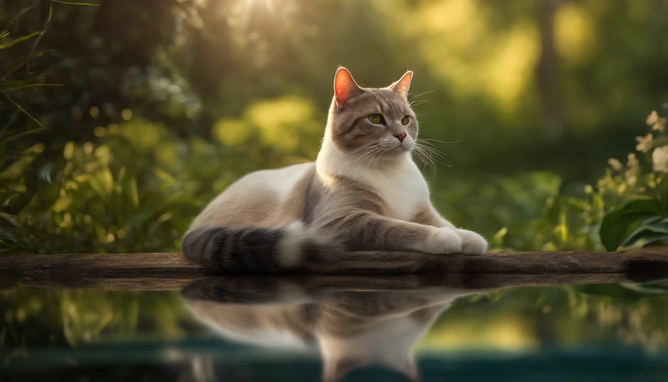a cat meditating in a peaceful park, detailed portrait, intricate details, (best quality,4k,8k,highres,masterpiece:1.2),ultra-detailed,(realistic,photorealistic,photo-realistic:1.37),HDR,UHD,studio lighting,ultra-fine painting,sharp focus,physically-based rendering,extreme detail description,professional,vivid colors,bokeh,landscape,natural lighting,sunlight filtering through trees,lush greenery,tranquil pond,calming atmosphere,serene expression,crossed legs,hands resting on knees,deep meditation