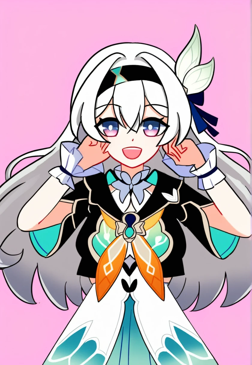 fire Fly_\(Honkai:_star_rail\), One girl, black_hairband, gray_hair, length_hair, purple_eye, black_Jacket, length_sleeve, hair_between_eye, white_shirt, very_length_hair,Cowboy Shot Smile, Open your mouth, Spread your arms,In the city,Tshirt, whiteいTshirt, Medium bust, Nice hands, Perfect hands,Beautiful hands,whiteいスカート,metropolis