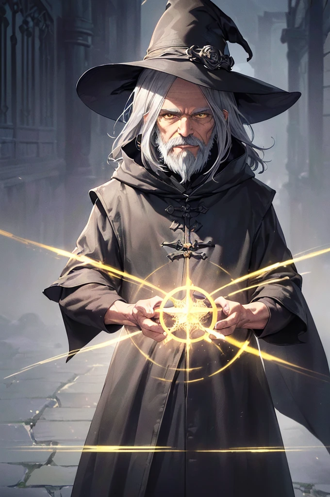 (masterpiece; best quality: 1.2), (finely detailed eyes: 1.3), ((75-years-old man)), ((solo)), (yellow eyes: 1.4), (body; lean, old, mature: 1.3), (long gray hair + beard: 1.3), (beautiful and clear background: 1.2), ((depth of field)), (equipment: traveler mage dark robe + dark pointed hat + dark cloak: 1.3), (anime illustration: 1.2), (background composition; palace garden exterior: 1.1), (extremely fine and handsome: 1.1), (shot composition; standing + centered on torso + close-up: 1.5), (expression; calm, smile: 1.2)