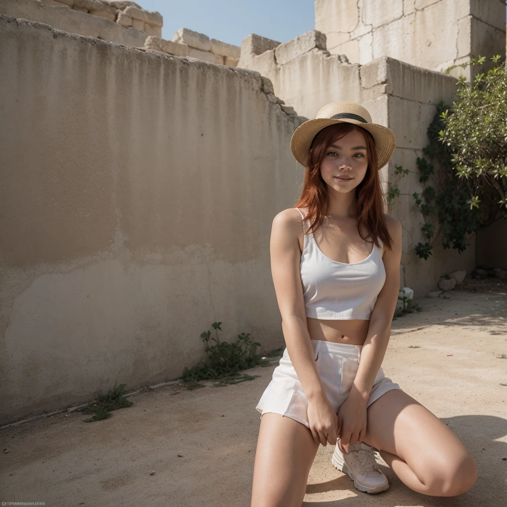 18-year-old girl similar to Chloë Grace Moretz, smiling, waist-length red hair, disheveled and disheveled, wears white fedora hat, long, loose white sleeveless blouse, blue miniskirt, tennis shoes, no socks, tight clothing, poses on ruins, Probably part of a pre-Hispanic construction, it is completely exposed to the sun without any shade. Selfie, intense direct sunlight, super realistic, clear sky, perfect body, correct proportions and perspectives, masterpiece, realistic photo, natural direct sunlight